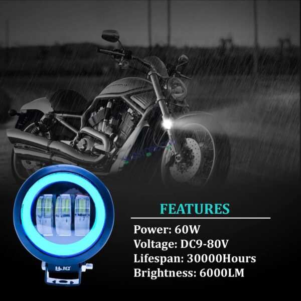 HJG Harley Round Shape fog light 3 Led Blue DRL For bikes and cars.(Light Power: 60W Voltage: DC9-80V) - Image 3