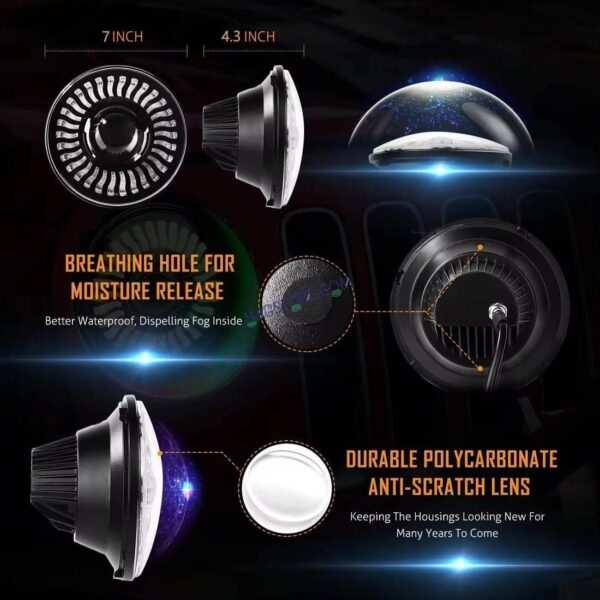 HJG 7 Inch White LED Headlight Chakra Headlight Assembly for Thar Royal Enfield | 75-120W CREE/Osram LED Chip Multi color Compatible with Royal Enfield, Jeep, Thar, Gypsy - Image 5