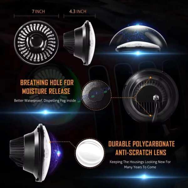 HJG 7 Inch RGB LED Headlight Chakra Headlight Assembly for Thar Royal Enfield | 75-120W CREE/Osram LED Chip Multi color Compatible with Royal Enfield, Jeep, Thar, Gypsy - Image 7