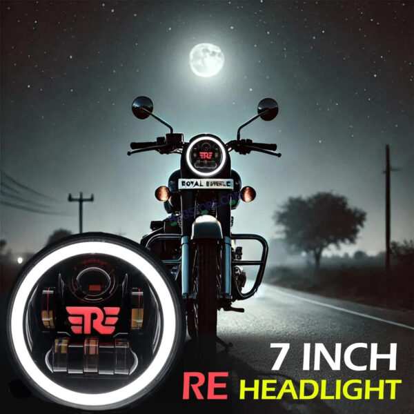 HJG 7 Inch RE Logo White LED Headlight New Model RE Logo Headlight Assembly for Royal Enfield | 75-90W CREE/Osram LED Chip Multi color Compatible with Royal Enfield, Jeep, Thar, Gypsy - Image 7