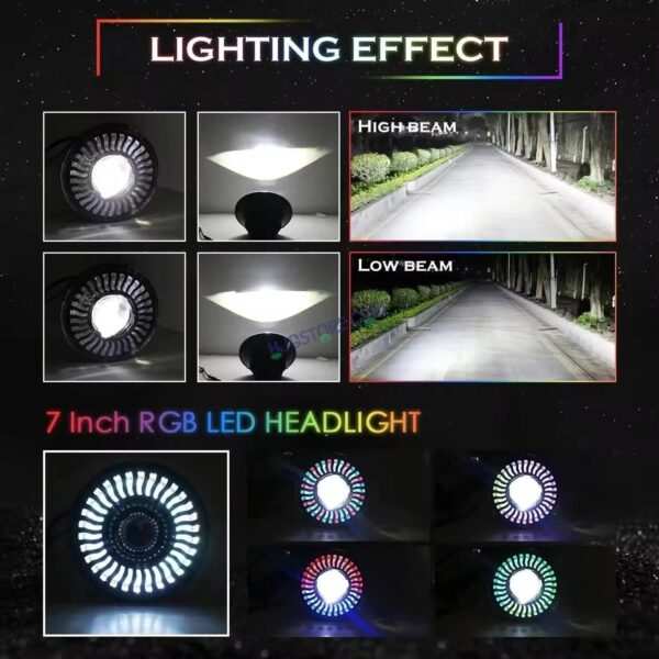 HJG 7 Inch RGB LED Headlight Chakra Headlight Assembly for Thar Royal Enfield | 75-120W CREE/Osram LED Chip Multi color Compatible with Royal Enfield, Jeep, Thar, Gypsy - Image 4
