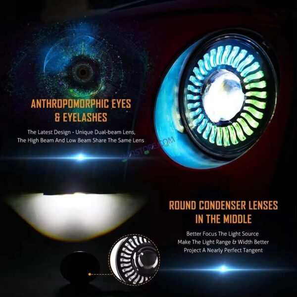HJG 7 Inch White LED Headlight Chakra Headlight Assembly for Thar Royal Enfield | 75-120W CREE/Osram LED Chip Multi color Compatible with Royal Enfield, Jeep, Thar, Gypsy - Image 4