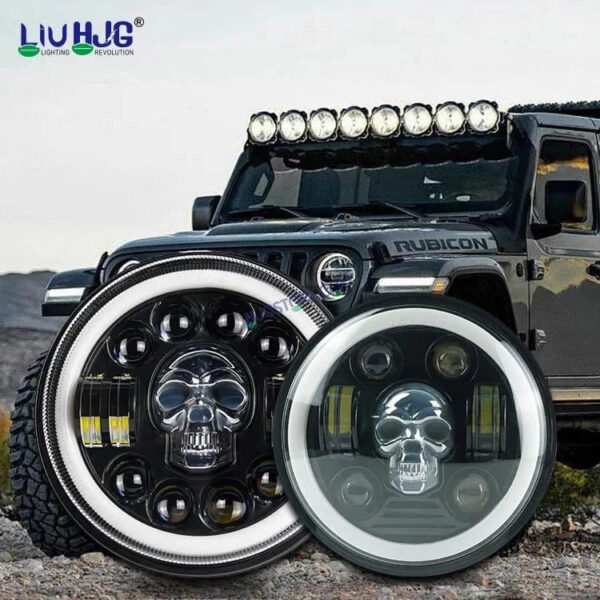 HJG 7 Inch Led Headlight Halo Lights Dual Color Yellow White 30w 7 Inch Round Motorcycle Lights For Jeeps Universal Car Compatible with Royal Enfield, Jeep & Harley Davidson (Harley Boss Headlight) Skull 2 HJG - Image 2