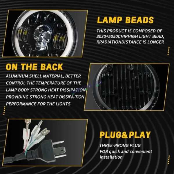 HJG 7 Inch Led Headlight Halo Lights Dual Color Yellow White 30w 7 Inch Round Motorcycle Lights For Jeeps Universal Car Compatible with Royal Enfield, Jeep & Harley Davidson (Harley Boss Headlight) Skull 2 HJG - Image 6