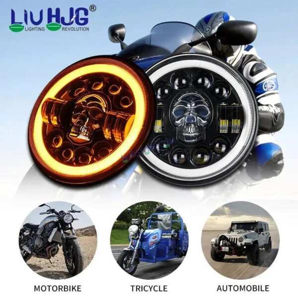 HJG 7 Inch Led Headlight Halo Lights Dual Color Yellow White 30w 7 Inch Round Motorcycle Lights For Jeeps Universal Car Compatible with Royal Enfield, Jeep & Harley Davidson (Harley Boss Headlight) Skull 2 HJG - Image 5