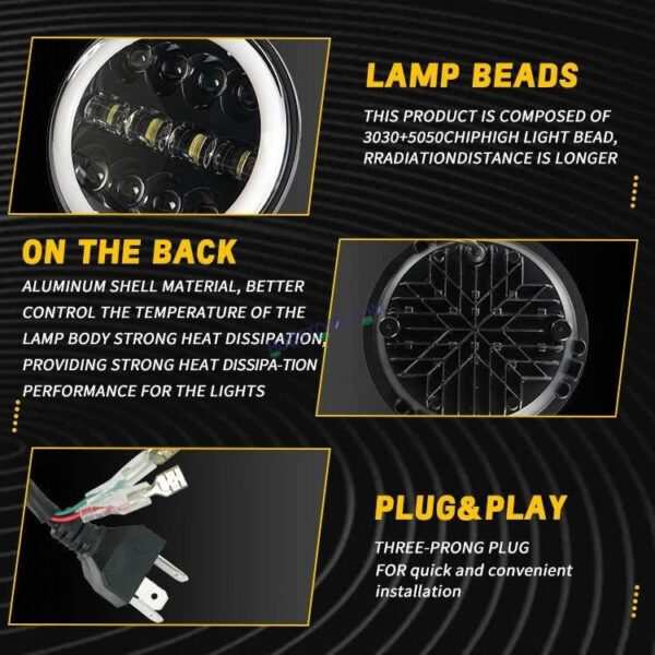 HJG 7 Inch  Fashion Design Hi/lo Beam Black Round 7" Headlight 60w H4 Led Headlamp 7inch Drl Led Headlight 231045 HJG - Image 7