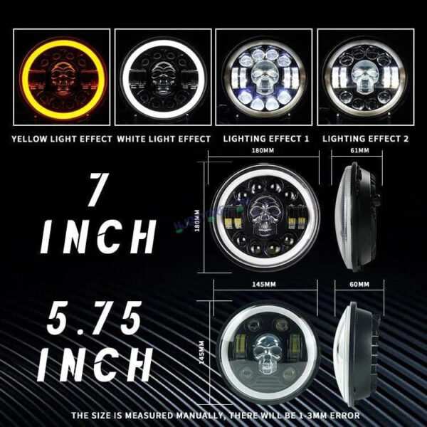 HJG 7 Inch Led Headlight Halo Lights Dual Color Yellow White 30w 7 Inch Round Motorcycle Lights For Jeeps Universal Car Compatible with Royal Enfield, Jeep & Harley Davidson (Harley Boss Headlight) Skull 2 HJG - Image 3