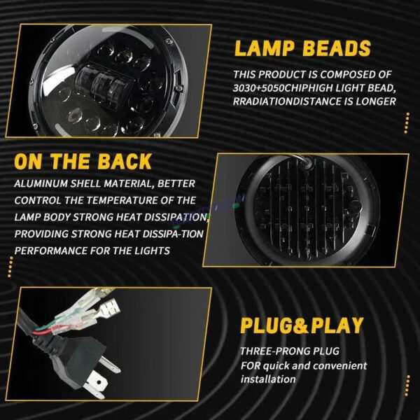 HJG 7 Inch 15 LED Halo Lens 12v Chasing Halo 7'' Inch Round LED Headlight With Ring 231036 Royal Enfield Thar - Image 6