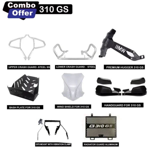 BMW G310GS Combo-Upper Crash Guard Stainless Steel+Lower Crash Guard Stainless Steel+Tyre Hugger+Bashplate+Windshield+handguard+Radiator Guard+Gps Mount with vibration clamp