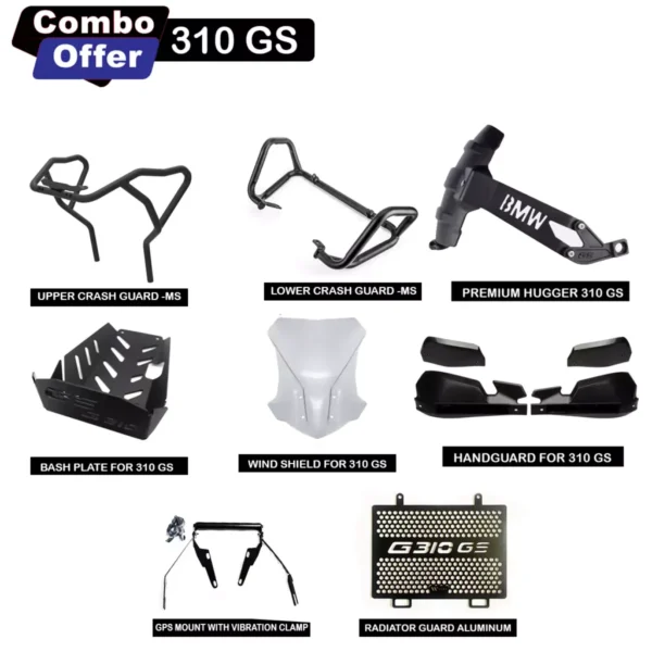 BMW G310GS Combo-Black Upper Crash Guard+Black Lower Crash Guard+Tyre Hugger+Bashplate+Windshield+handguard+Radiator Guard+Gps Mount with vibration clamp