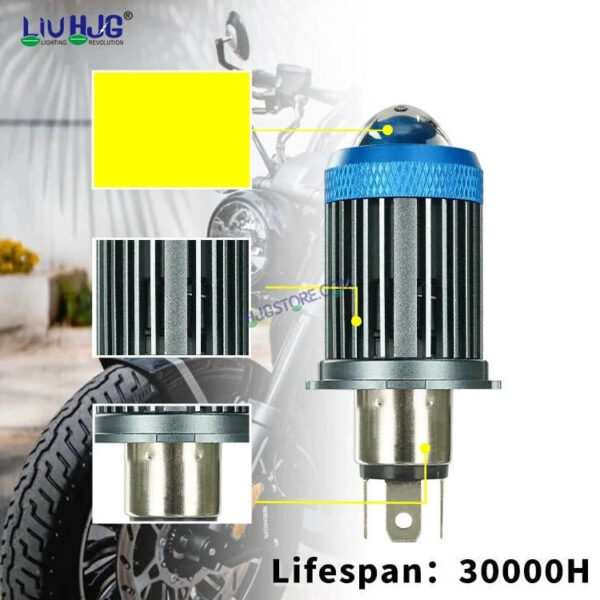 HJG H4 Lens Headlight Bulb with Cooling Fan New Model White Yellow LED Headlight Bulb H4 For All Motorcycles (Low and High Beam Bulbs (White/Yellow) White Yellow 40W Lens) LIU HJG H4 Lens Headlight with Cooling Fan - Type H4 - Image 7