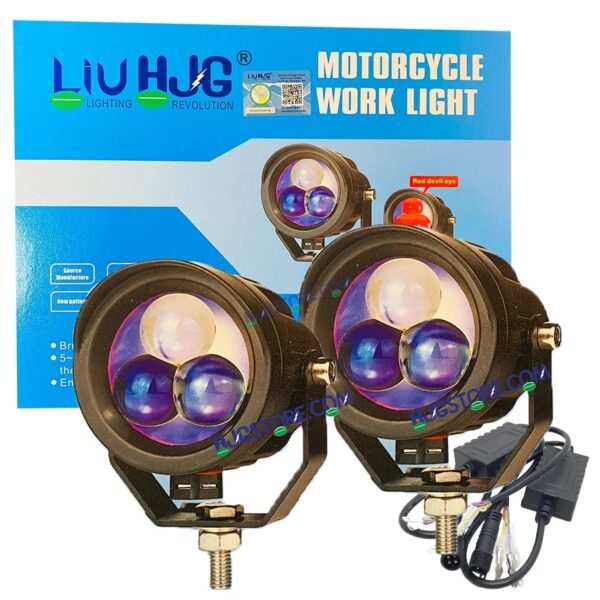 HJG 3 LED Projector Fog Triple Lens 120W Foglight New Model with Power Adaptor Foglight Ultra Wide Dual Intensity LED Driving Fog Lights White/Yellow (2*60W = 120W Total) Universal For All Cars & Bikes HJG New 3 LED Projector Devil HJG 126 Fog