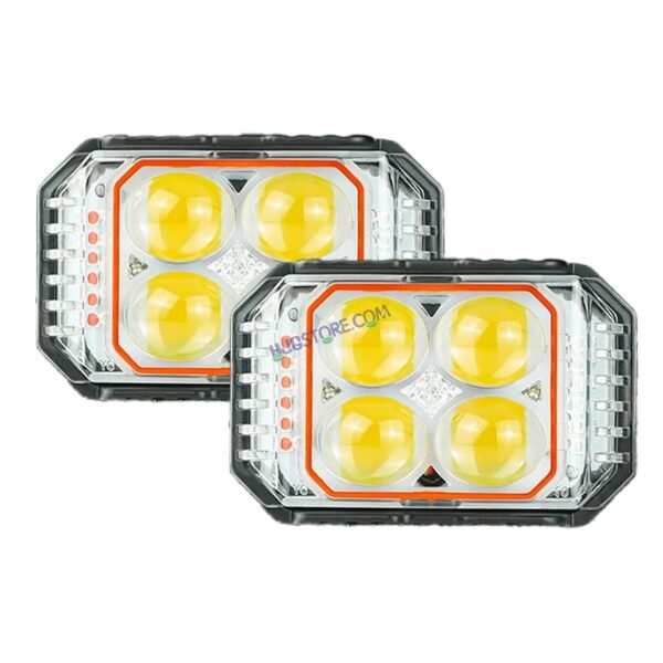 HJG New 4x4 Projector Lens 2pc Foglight with Red Blue Flash 4 LED Projector Fog Quad 4x4 Lens 80W with Red DRL Foglight Ultra Wide Dual Intensity LED Fog Lights White/Yellow/Red Blue Flash (80W) Universal For All Cars & Bikes LIU HJG Projector 4x4 Fog