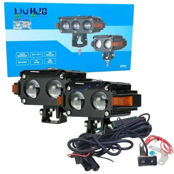 HJG Hazard 2 Lens Foglight with Wiring Kit Combo Double 2 Lens 80W with Hazard DRL Foglight Ultra Wide Dual Intensity LED Fog Lights White/Yellow (2*40W = 80W Total) Universal For All Cars & Bikes LIU HJG Hazard S60 2 Lens Projector Fog with Wiring Kit