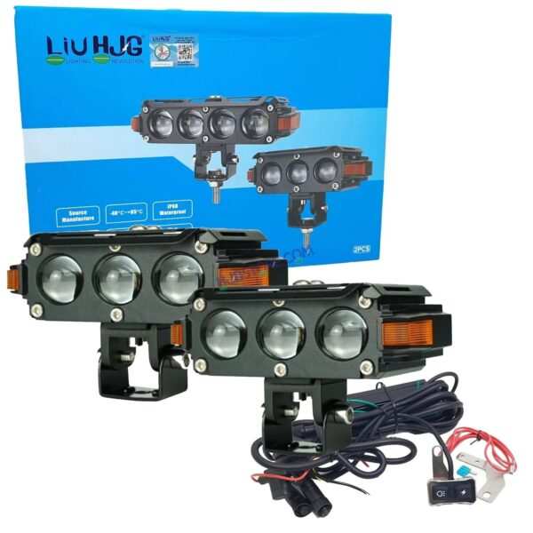 HJG Hazard 3 Lens Foglight with Wiring Kit Combo Triple 3 Lens 120W with Hazard DRL Foglight Ultra Wide Dual Intensity LED Fog Lights White/Yellow (2*60W = 120W Total) Universal For All Cars & Bikes LIU HJG Hazard S61 3 Lens Projector Fog with Wiring Kit