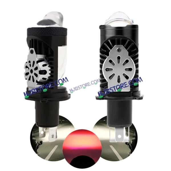 HJG RTD Lens H4 New Model RTD Lens Dual Projector Lens H4 LED Bulb 75W HJG Projector Light H4 LED Mini Projector Lens with Fan Bulb 12000LM Conversion Kit Hi/Lo Beam Headlight 12V/24V for Motorcycle/Car, Set of 1, Red Devil DRL/White Hi/Lo 75W