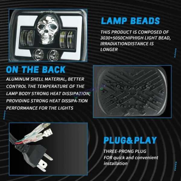 HJG Skull Lens Headlight Assembly Square 12v 45w 4x6" 5x7" Inch Led Headlights For Jeep, Splendor Headlight Assembly HJG 231198 - Image 5