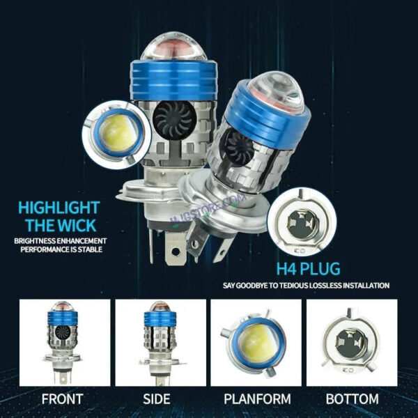 HJG H4 Lens Headlight Bulb with Cooling Fan New Model White Yellow LED Headlight Bulb H4 For All Motorcycles (Low and High Beam Bulbs (White/Yellow) White Yellow 40W Lens) LIU HJG H4 Lens Headlight with Cooling Fan - Type H4 - Image 6
