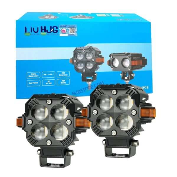 HJG Hazard 4x4 Lens Foglight with Wiring Kit Combo Quad 4x4 Lens 120W with Hazard DRL Foglight Ultra Wide Dual Intensity LED Fog Lights White/Yellow (2*60W = 120W Total) Universal For All Cars & Bikes LIU HJG Hazard S65 4x4 Lens Projector Fog with Wiring - Image 2