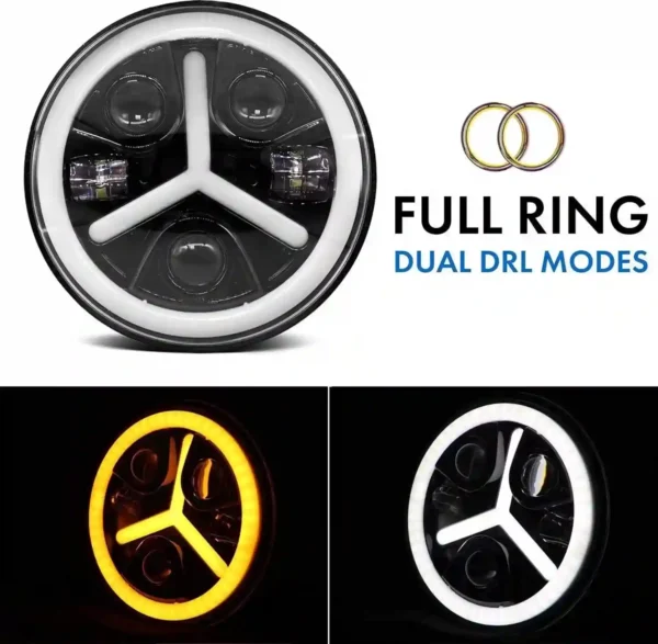 Mercedes design Full Ring Round White LED Headlight with Hi/Low Beam White & Yellow Angel Eye Lamp Compatible with Bullet, Harley Davidson Jeep Wrangler (75W, Pack of 1)7 Inch - Image 3