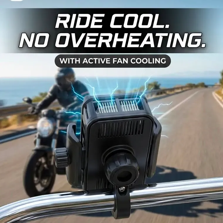 Universal Motorcycle Mobile Holder with Cooling Fan 1 Universal Motorcycle Mobile Holder with Cooling Fan